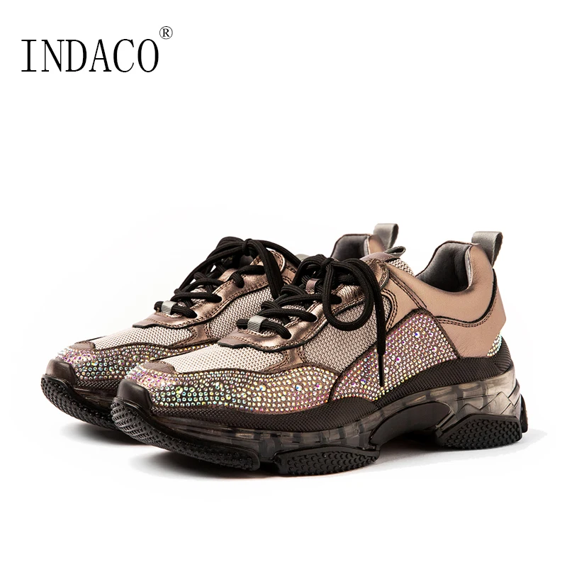 

Rhinestone Sneakers Women 6cm Lace Up Leather Casual Shoes Women Designer Shoes