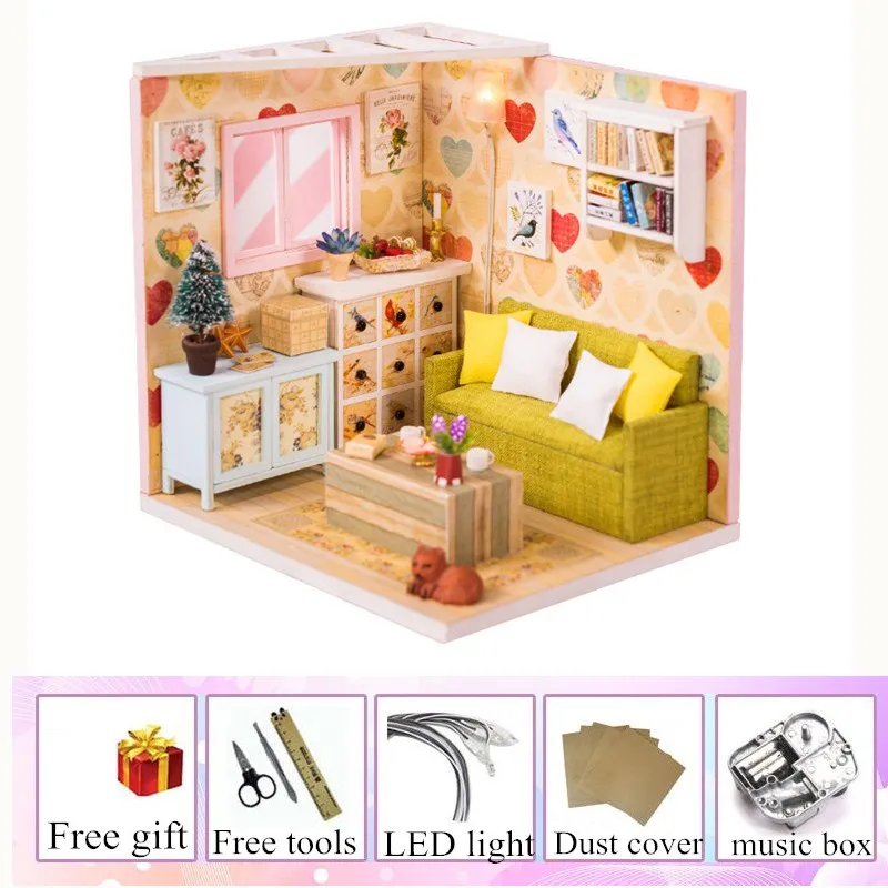 miniature house with light kast cat doll accessories diy mini wooden dollhouse tiny child doll house toy oyuncak bebek evi - Цвет: dust cover and music