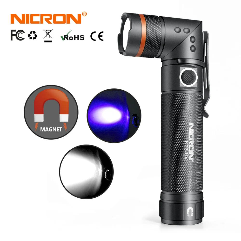 NICRON белый/УФ-светильник светодиодный светильник вспышка N72/N72-UV 90 градусов поворот водонепроницаемый 800LM 18650/AAA батарея магнит светодиодный фонарь светильник