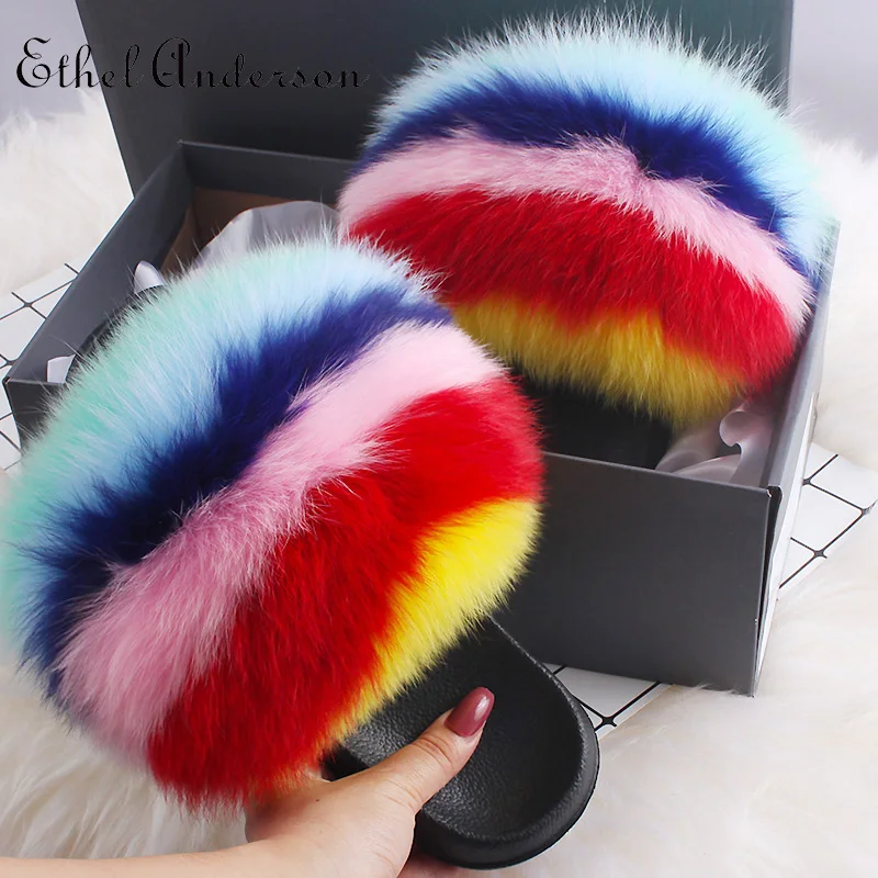 

Ethel Anderson Women Real Fox Fur Slippers Shoes Flip Flops Flat Furry Raccoon Fur Slides Cute Outdoor Colorful Sandals Shoes