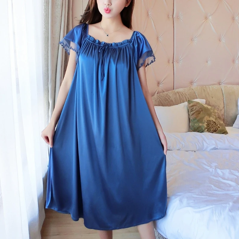 Womens Summer Lace Ice Silk Nightdress Short Sleeve Loose Plus Size Nightgown XL Womens Summer Lace Ice Silk Nightdress Short Sleeve Loose Plus Size Nightgown XL