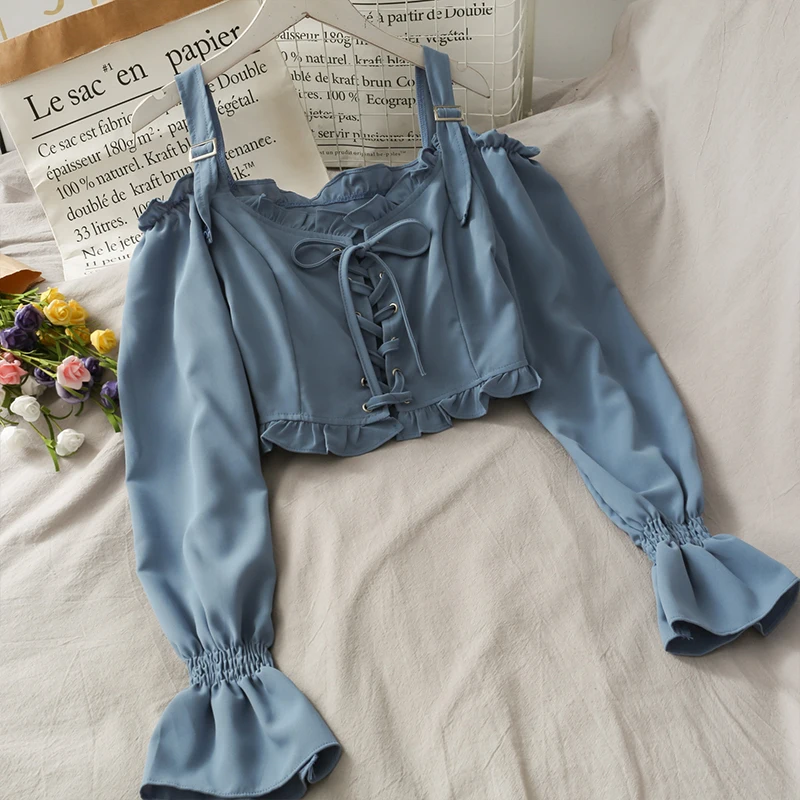 Cold Shoulder Tops Crop Top Women Long Sleeve White Shirt Sexy Off Lace Up Bandage Blouse Blusas Mujer De Moda 2021 | Женская одежда