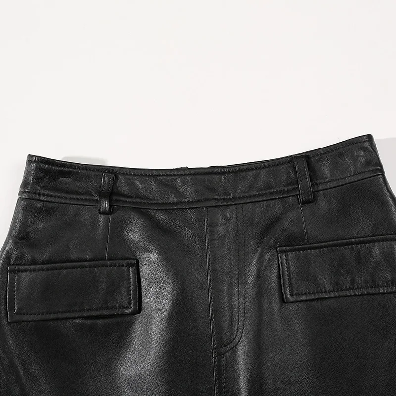 

Ladies Sexy Skirts Autumn 2020 Fashion Genuine Leather Black Ruffle Pocket Vintage Elegant Casual Real Sheepskin Women Skits