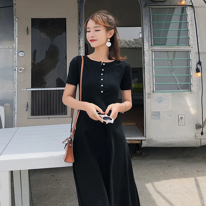 

[Dowisi] 2018 Summer New Style High-waisted Slim Fit Elegant Single Breasted Semi-Split-Neck Dress Women's F6587