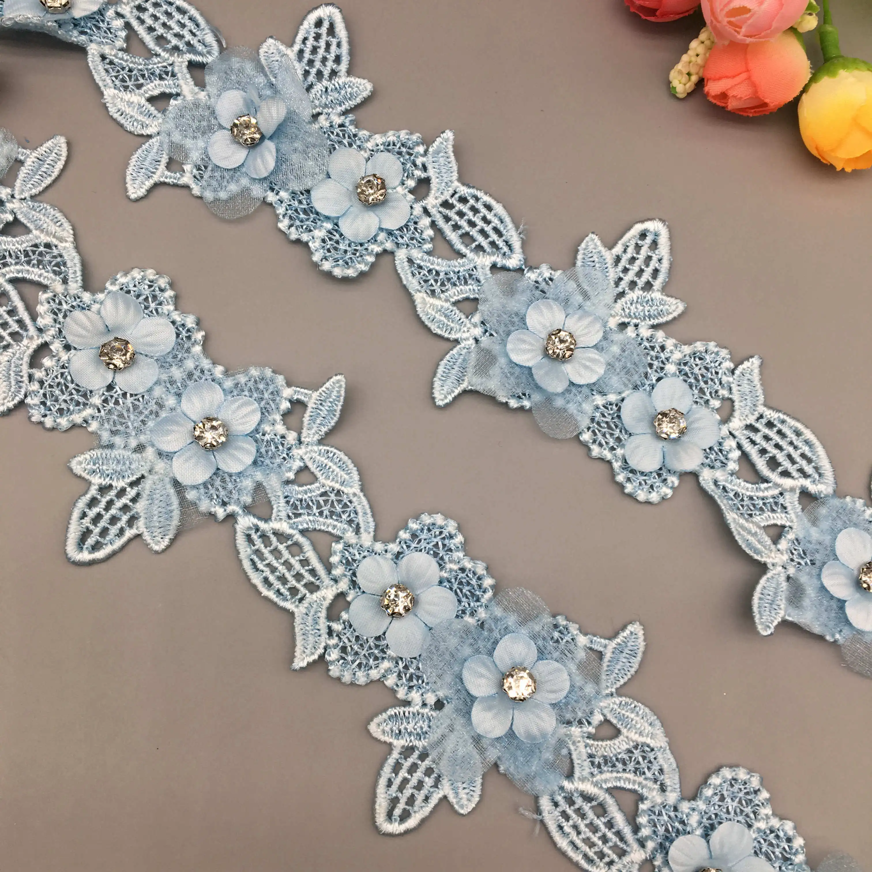 

2 Yards Blue Rhinestones Flower Mesh Lace Trim Ribbon Fabric Embroidered Applique Sewing Craft Wedding Dress Hat Decoration