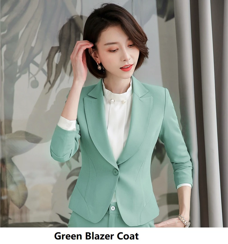Green Blazer Coat Модные Зеленые офисные женские деловые костюмы для женщин; сезон весна-осень; Профессиональные деловые блейзеры; брючные костюмы; комплекты одежды для работы - Цвет: Green Blazer Coat