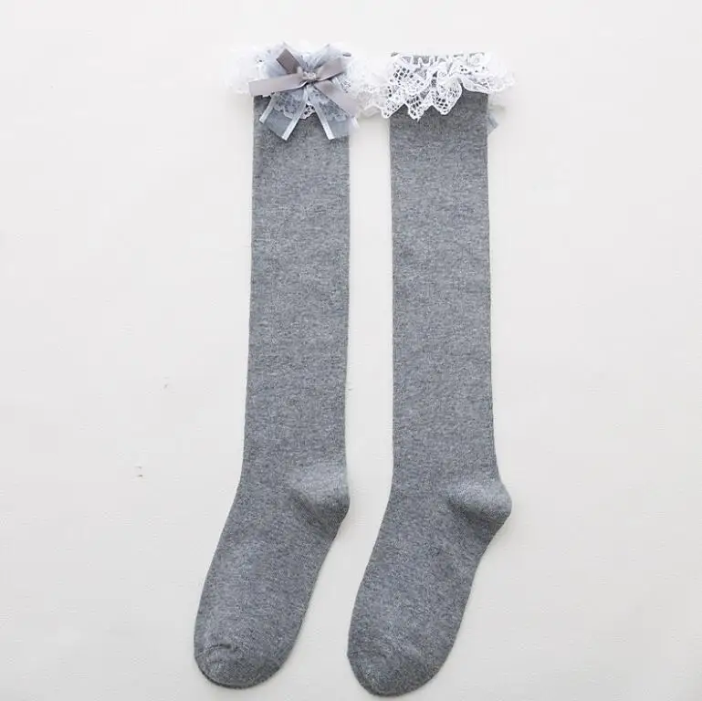 Милые кружевные длинные чулки для женщин, Лолита, Высокие гольфы, Femme, хлопковые носки, уличная одежда, Calcetines, Рождество - Цвет: gray