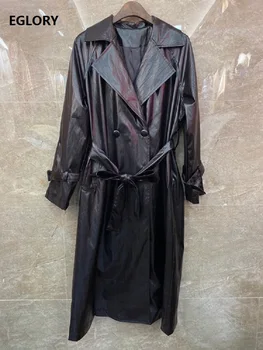 

2020 Autumn Winter Hot Sale Long Coat Trench Women High Quality PU Leather Adjustable Belt Long Black Leather Coat Outwear Lady