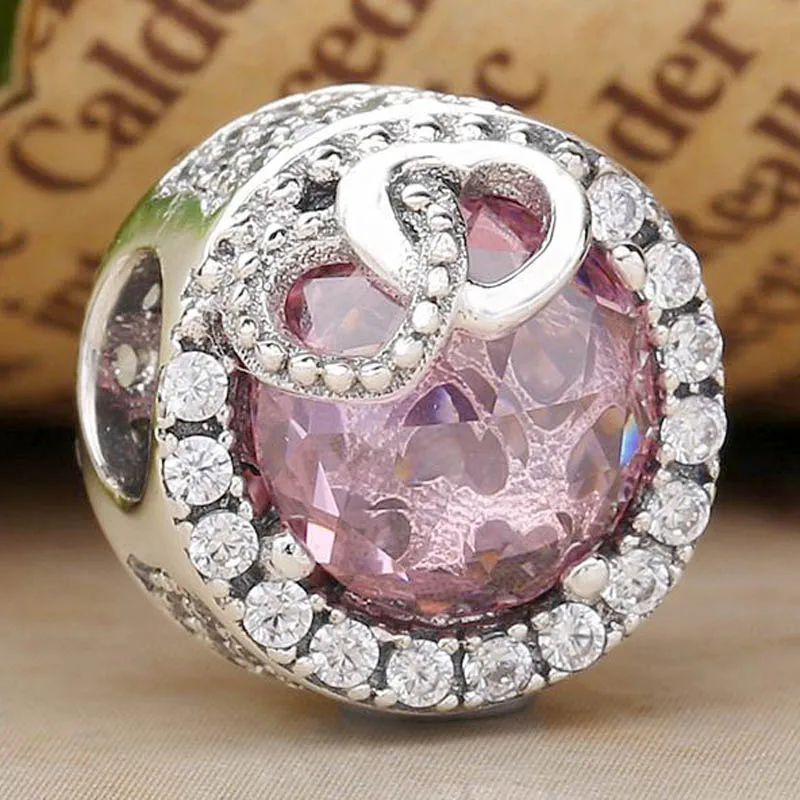 

New 925 Sterling Silver Charm Entwined Love Heart With Pink Crystal Bead Fit Original Fashion Bracelet Necklace DIY Jewelry