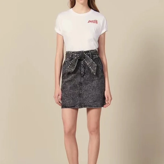 Осенняя и зимняя новая женская джинсовая юбка ручной работы с заклепками и бисером с поясом