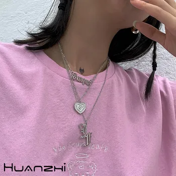 

HUANZHI 2020 Punk Gothic Gold Silver Color Heart Letter Hollow Pendant Combination Chain Necklace for Women Party Accessory