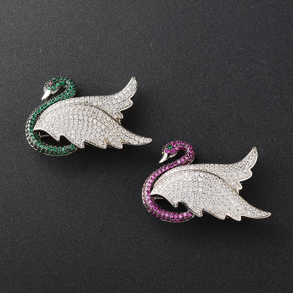 

2pcs 32x45mm White gold plated Mixed Color Cz micro Swan brooch