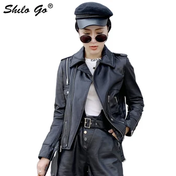 

Genuine Leather Jacket Highstreet Moto Notched Neck Black Sheepskin Coat Women Autumn Casual Buckle Belted Outwear Female