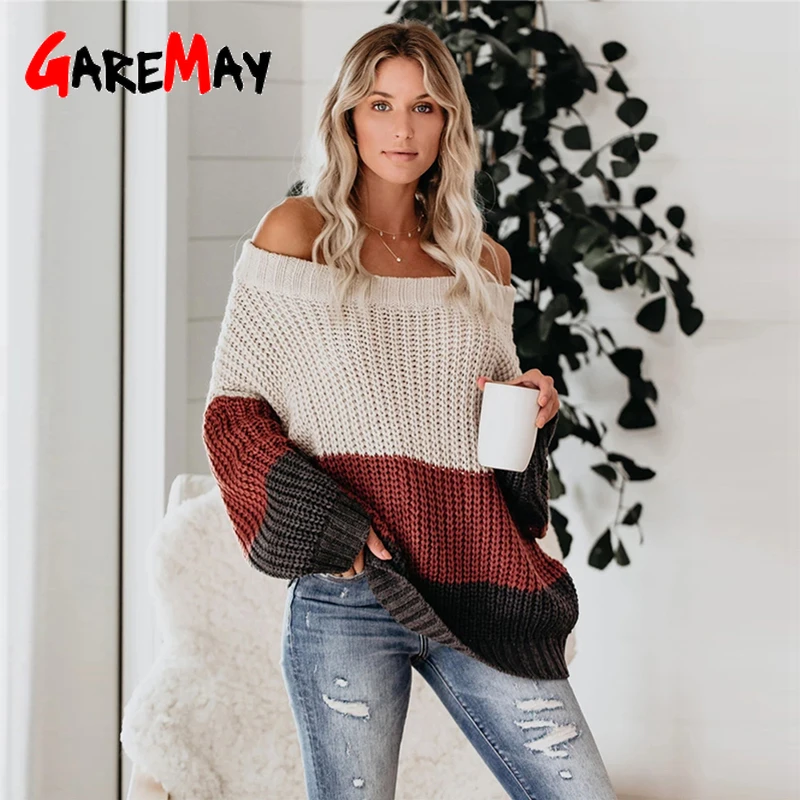 Women's Sweater Loose Winter Off Shoulder Knitted Jumpers Casual Red Sweaters Ladies High Quality Oversized Thick Female | Женская