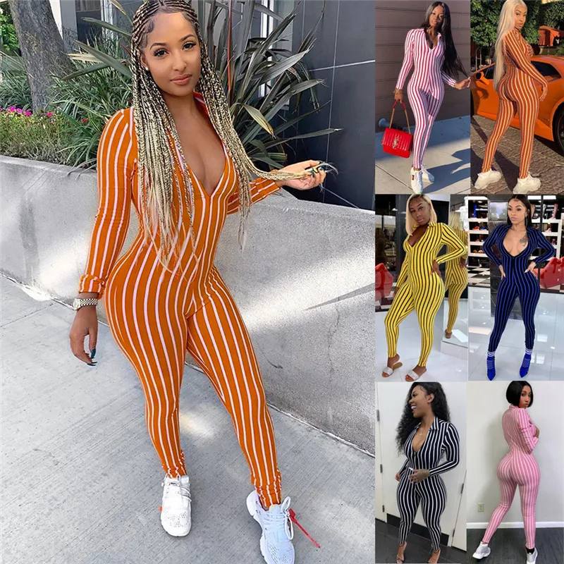 Women Long Sleeve Striped Jumpsuit Romper Casual Clubwear Pants Outfit Deep V-neck Bodycon Slim Romper Jumpsuit Outwear Hot Sale Women Long Sleeve Striped Jumpsuit Romper Casual Clubwear Pants Outfit Deep V-neck Bodycon Slim Romper Jumpsuit Outwear Hot Sale