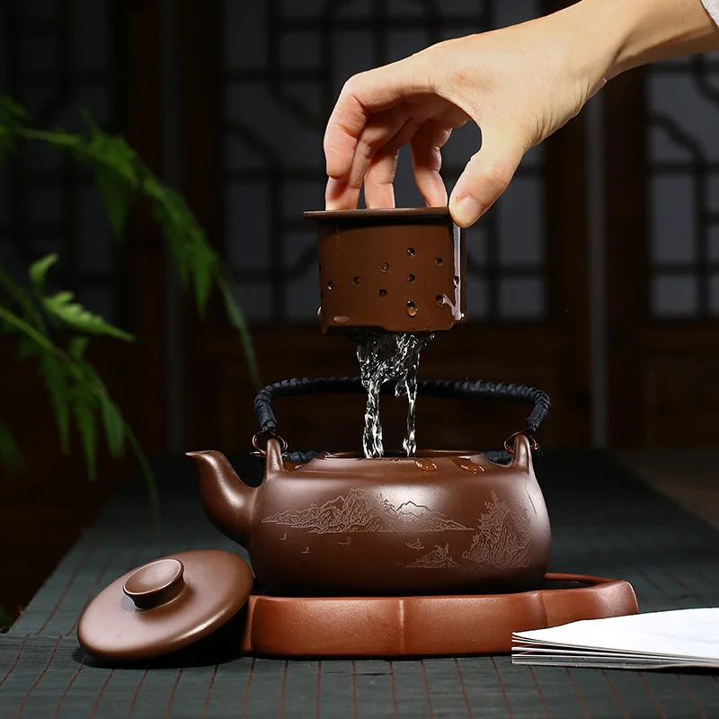 

Yixing handpainted mountain teapot with handle kung fu purple clay pot zisha kettle
