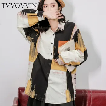 

TVVOVVIN Sunset Print Blouse Women 2020 Long Sleeve Collared Button Up Shirt Loose Colorblock Spring Clothes For Women YSN5