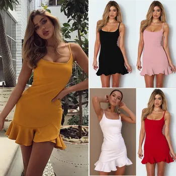 

Women's Sexy Suspenders Wrapped Chest Backless Square Neck Pleated Dress Female Summer