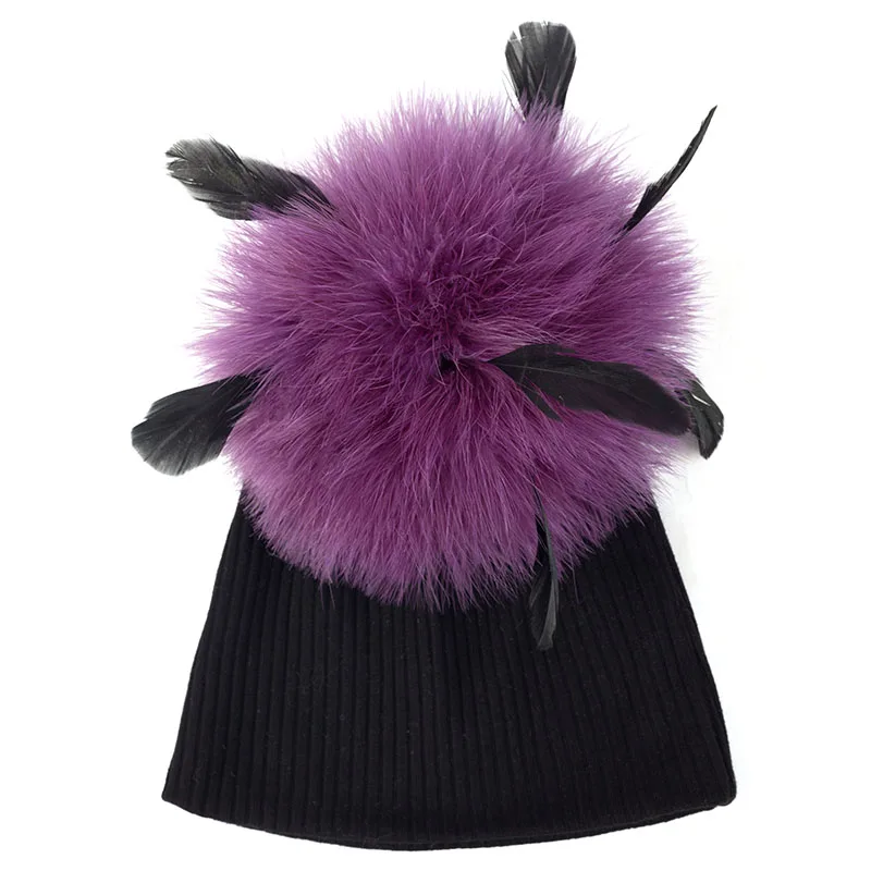 black purple Милая детская шапка в рубчик, мягкая шапка с 15 см, страусиное меховое помпон, милая детская зимняя теплая шапочка, шапки унисекс с черепом - Цвет: black purple