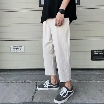 

BXyichen cotton and linen cropped pants Hong Kong style INS loose Korean boys trend casual straight pants summer thin section