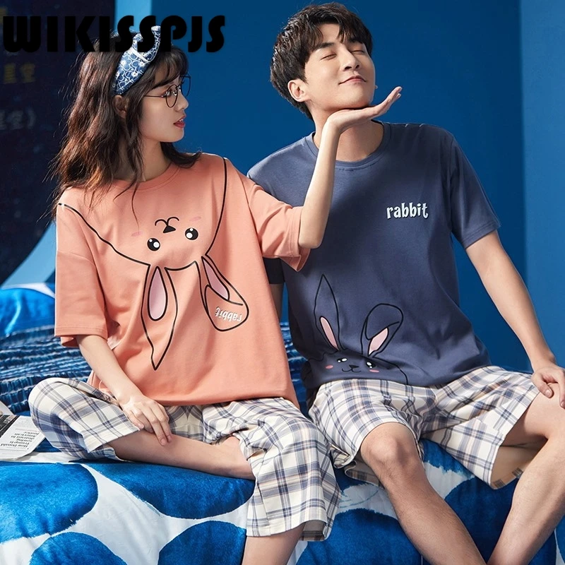 

WIKISSPJS 2022 Summer New Pure Cotton Pajamas Couple Fashion Home Suit Two Piece Set Summer Bedroom Set Pajamas for Women