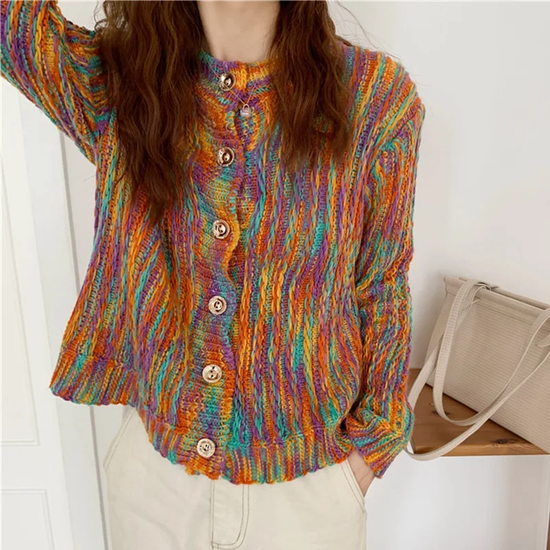 

Rainbow outer sweater women 2020 new loose knit tops autumn and winter all-match lazy cardigan jacket fashion new