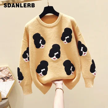 

New Lazy Wind Loose Pullover Sweaters for Girl Students Autumn Winter Warm Sweaters Funny Pull Coat Femme Jumper Knitwear
