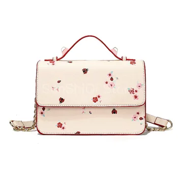 

New 2020 Women's Simple Pink Floral Print Messenger Bag Casual Small Square Women's Handbag Crossbody Bag Flap PU Shoulder Bags