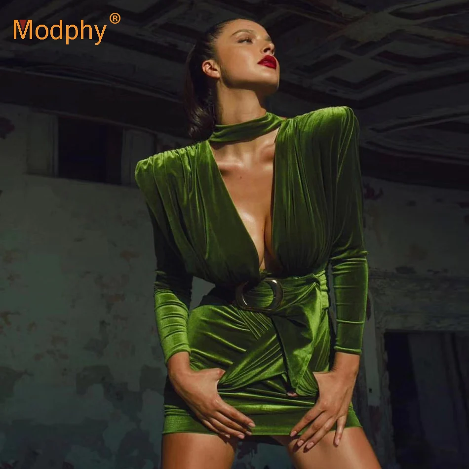 Женское бархатное платье с поясом элегантное зеленое облегающее мини-платье