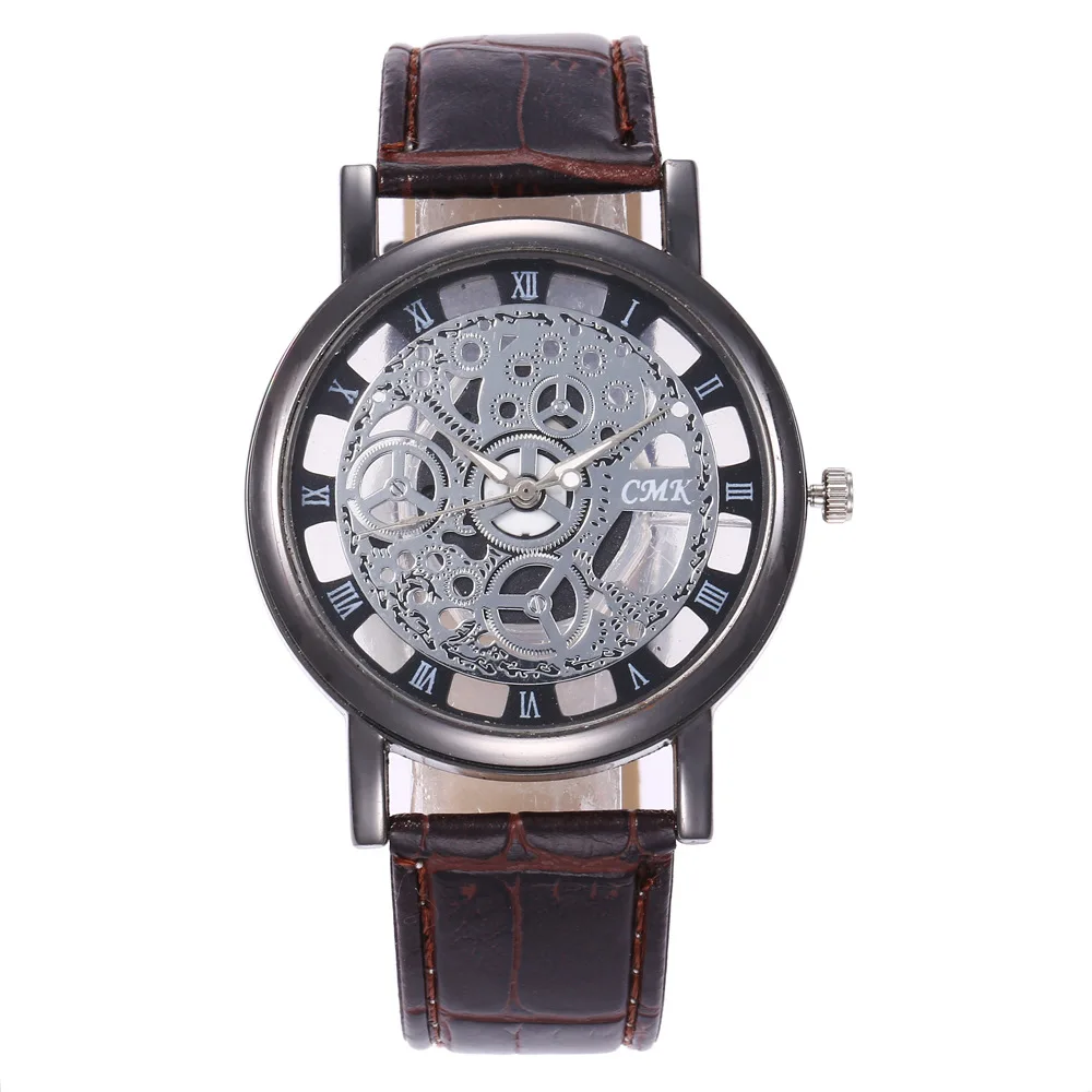 

Hot Selling Porous Transparent Faux Mechanical Men's Quartz Watch Fashion Slub Leather Belt Business MEN'S Table