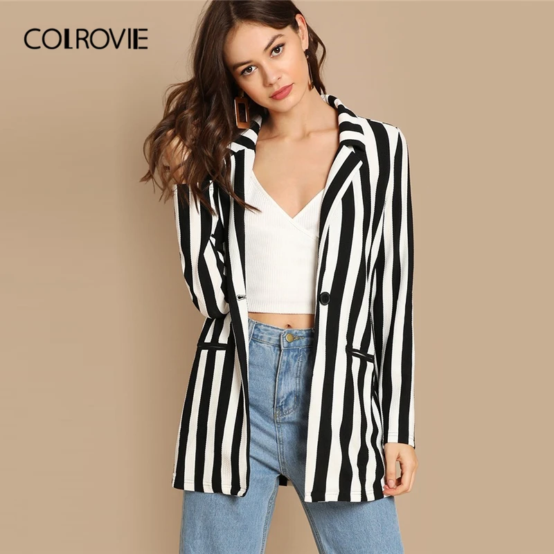 

COLROVIE Black and White Notch Collar Striped Textured Blazer Women 2019 Autumn Elegant Ladies Outerwear Longline Casual Blazers