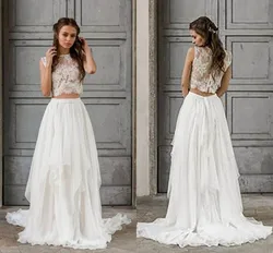Boho Wedding Dress 2 Pieces Bohemian Vintage Sleeveless Sexy Lace Beach Bride Dresses Train Elegant Chiffon Wedding Bridal Gowns