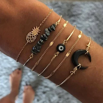 

6 Pcs/set Evil Eye Moon Beads Stone Pineapple Bracelets for Women Gold Charm Bracelet Jewelry Pulseras Mujer Bijoux Femme