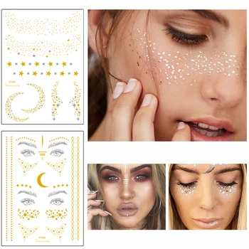 

1 Sheet Gold Face Glitter Temporary Tattoo Waterproof Eye Decals Bride Fake Tattoos Sticker For Women Festival Party Face Art