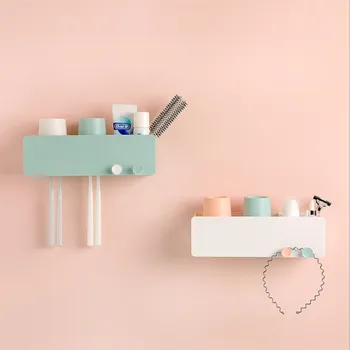 

Wall Mounted Toothbrush Holder With Cups Set Couple Family Tooth Brush Rack Toothpaste Squeezer Dispenser Bathroom Accessories