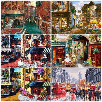 

AZQSD DIY Landscape Oil Painting City Street Painting By Numbers Shop Paint Canvas Picture Hand Painted Modern K014