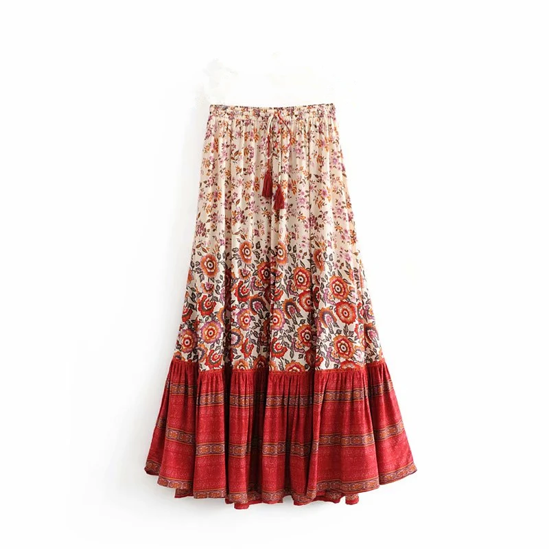 Boho королев Мода хиппи женские цветочный принт кисточкой пляжная Богемская юбка с