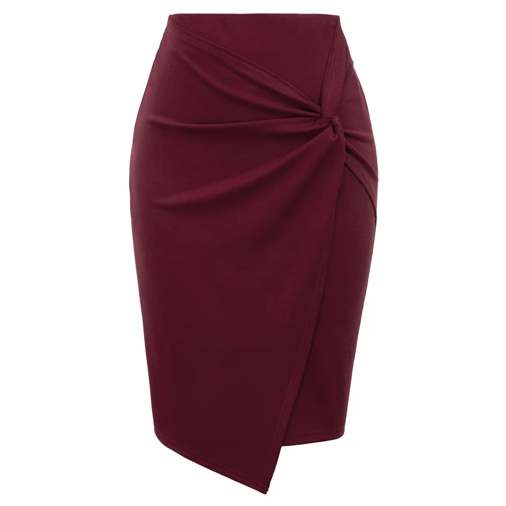 Женские мини-юбки, осенняя Асимметричная обертка, длина по колено спереди, стрейч, облегающая юбка-карандаш, Женская офисная юбка - Цвет: Wine