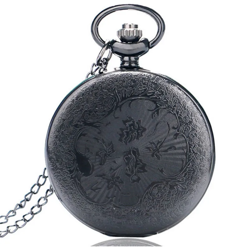 Черный Pocketwatch винтажные шармунисекс модные римские цифры Кварцевые в стиле стимпанк женские карманные часы мужское ожерелье с подвеской с