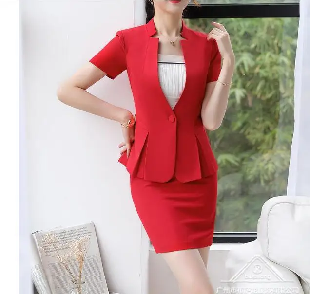 Летняя официальная Женская юбка костюм Красная куртка с коротким рукавом и юбка комплект из двух предметов бизнес интервью офисный комплект