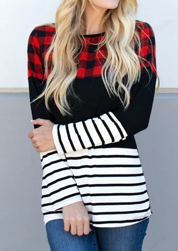 Women Plaid Splicing Striped Long Sleeve T-shirt Female Spring Fall Harajuku Ulzzang Casual Tee Lady Trendy Korean Clothes