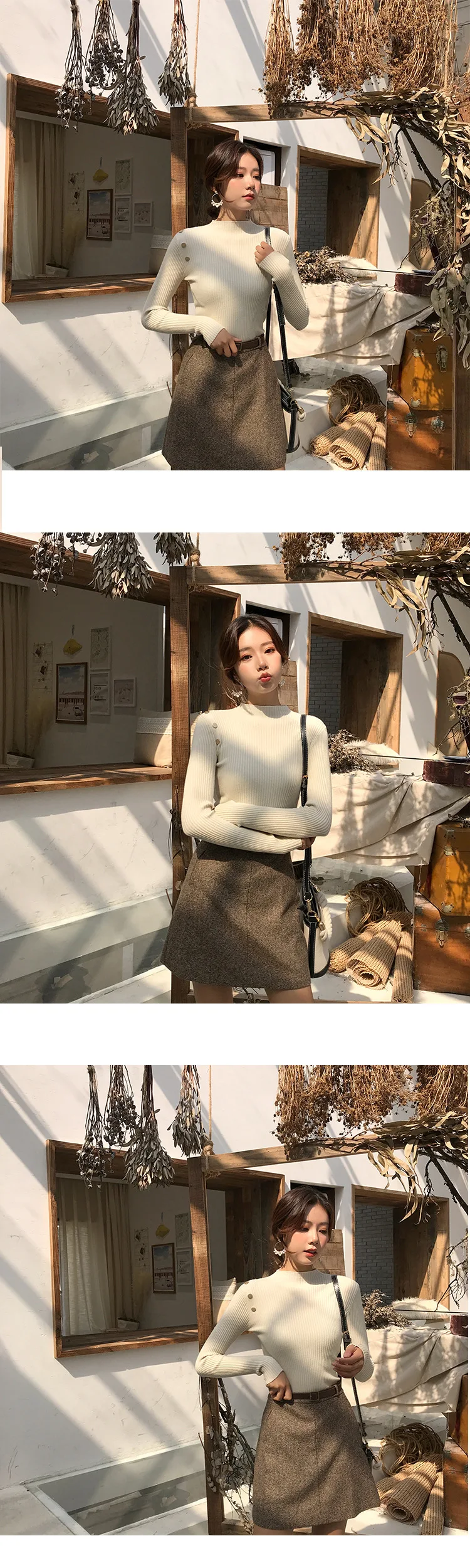 Autumn winter new solid interior sweater tight half high collar button long sleeve knitwear women's slim Pullover sweater