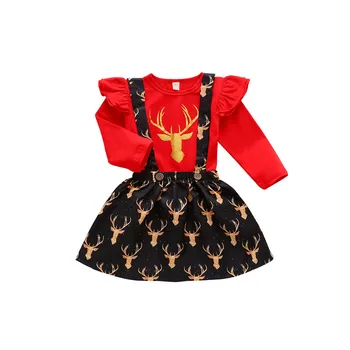 

Baby Girl Christmas Clothing Set Deer Printed Long Sleeve Ruffled Top + Strappy Skirt 6M-4Y Kids Festival Casual Cotton Outfit