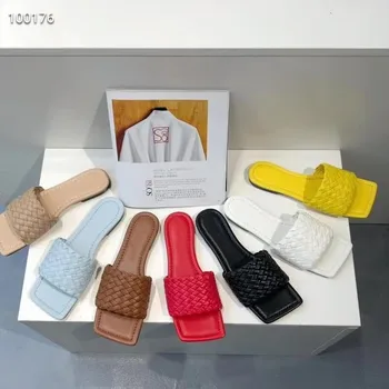 

2020New Design Leather Slippers Women Square Toe Weave Flat Slides Ladies Fashion Outdoor Shoe Luxury Brand Designer Woman Shoes