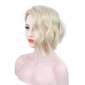 

Women Wavy Blonde Wig with Bangs Synthetic Hair Toupee Medium Length High Temperature Fiber