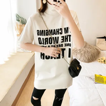 

2019 women's T-shirt new street summer fashion casual high collar middle sleeve letter personality korean women's T-shirt top