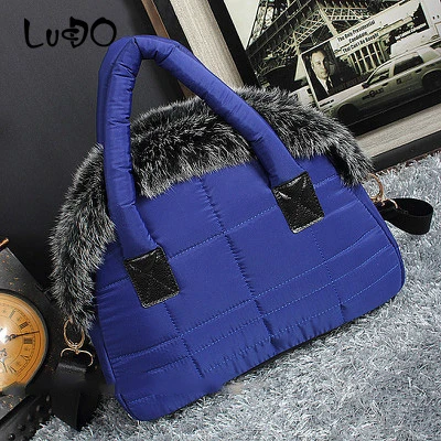 Новинка, зимняя женская пуховая сумка, мягкая хлопковая роскошная сумка, дизайнерские сумки из кроличьего меха, Женская куртка, сумка через плечо - Цвет: blue
