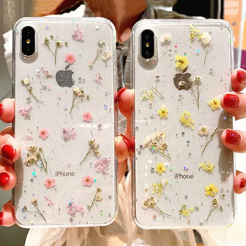 Чехол для телефона с настоящими цветами и сушеными iPhone X XS XR Max 6 S 7 8 Plus прозрачная