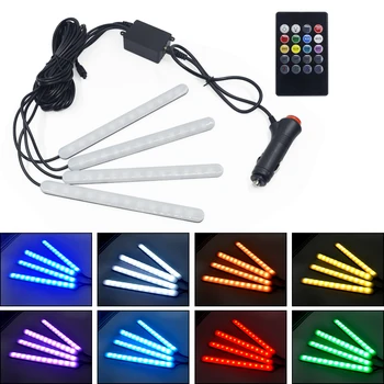 

1set * 4pcs 12V Car interior RGB LED Strip tape DRL Light Music Remote Control Auto Decorative Flexible Kit Fog Lamp neon cord