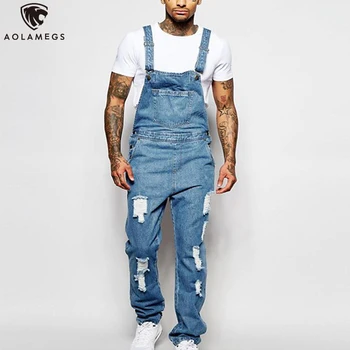 

Aolamegs Jeans Men Big Pockets Denim Overalls Men Solid Color Trousers Broken Hole Cargo Jeans Hip Hop Style Casual Streetwear